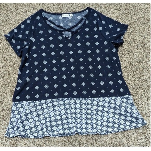 Kim Rogers Curvy Short Sleeve Knit Top Blouse Tunic Navy Size 1X Blue & White - Picture 1 of 6